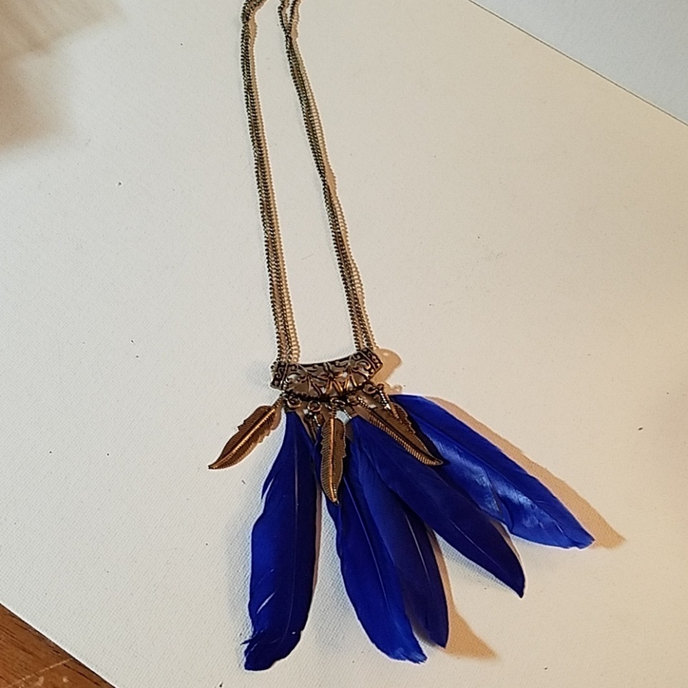 Feather Real & Metal 28" Necklace Blue